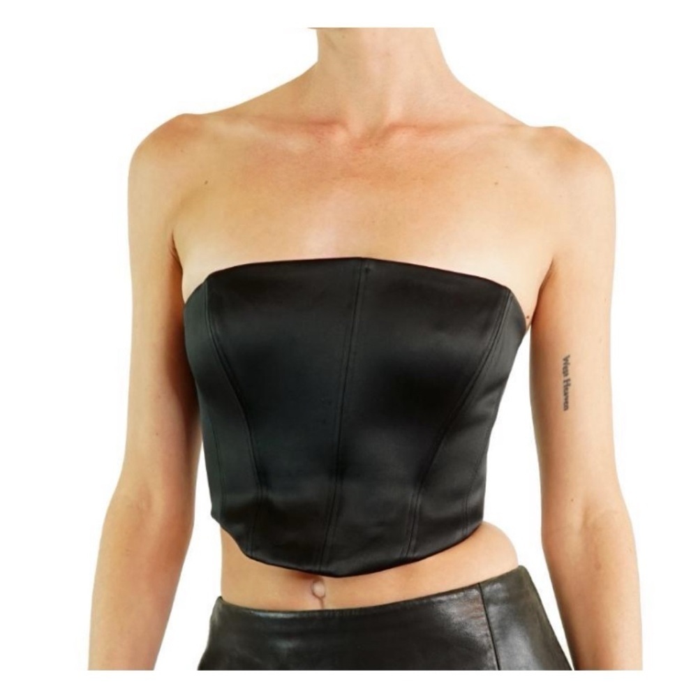 Babaton Black Strapless Satin-Look Crop Top